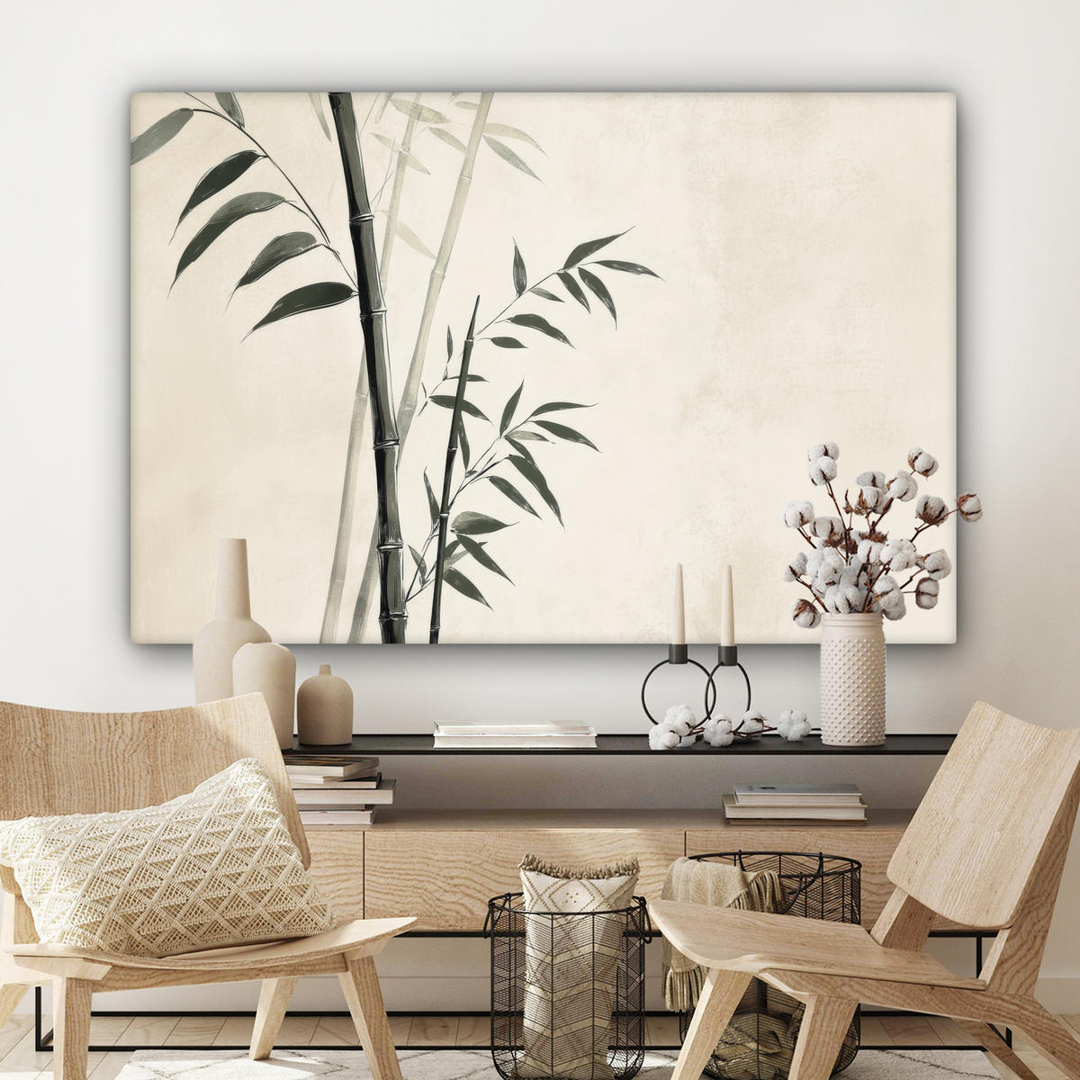 LEINWANDBILD Japandi - Bambus - Beige XXL 150x100 cm - Eukalyptusholzfarben, Textil (150/100cm) - MuchoWow