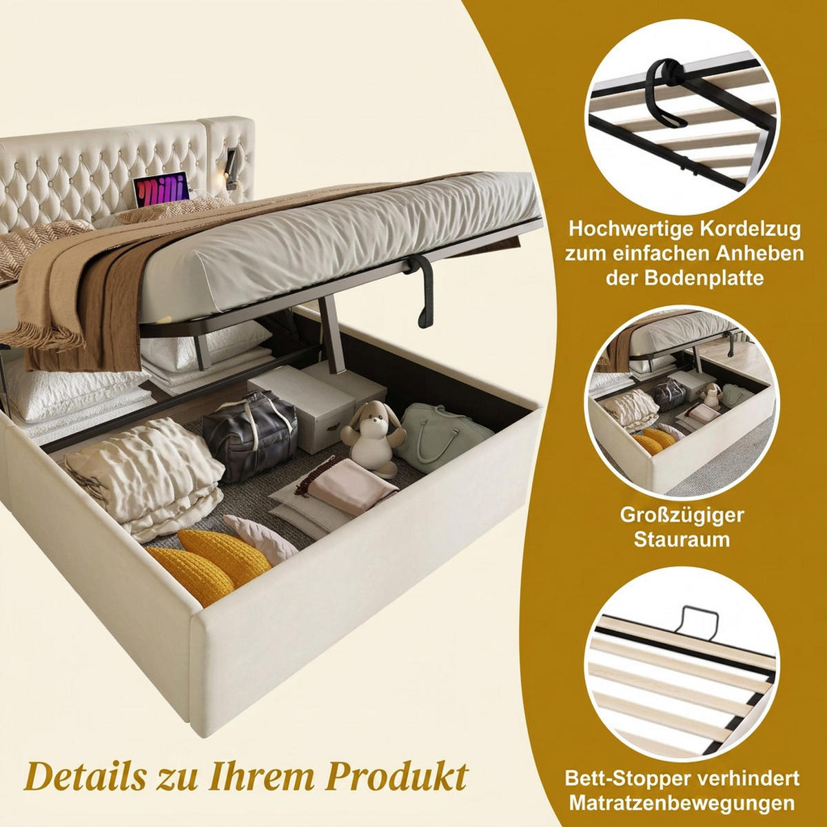 POLSTERBETT 160/200 cm Beige mit 2 Nachttischen und USB Ladefunktion (Ohne Matratze) - Beige, Textil (160/200cm) - Oxeza
