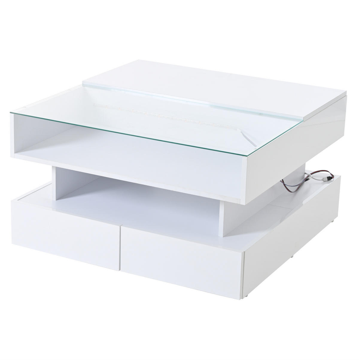 COUCHTISCH 80/80/45 cm weiß aus Spanplatte und gehärtetem Glas mit LED und Stauraum - Weiß, Holzwerkstoff (80/80/45cm) - OKMYHOME