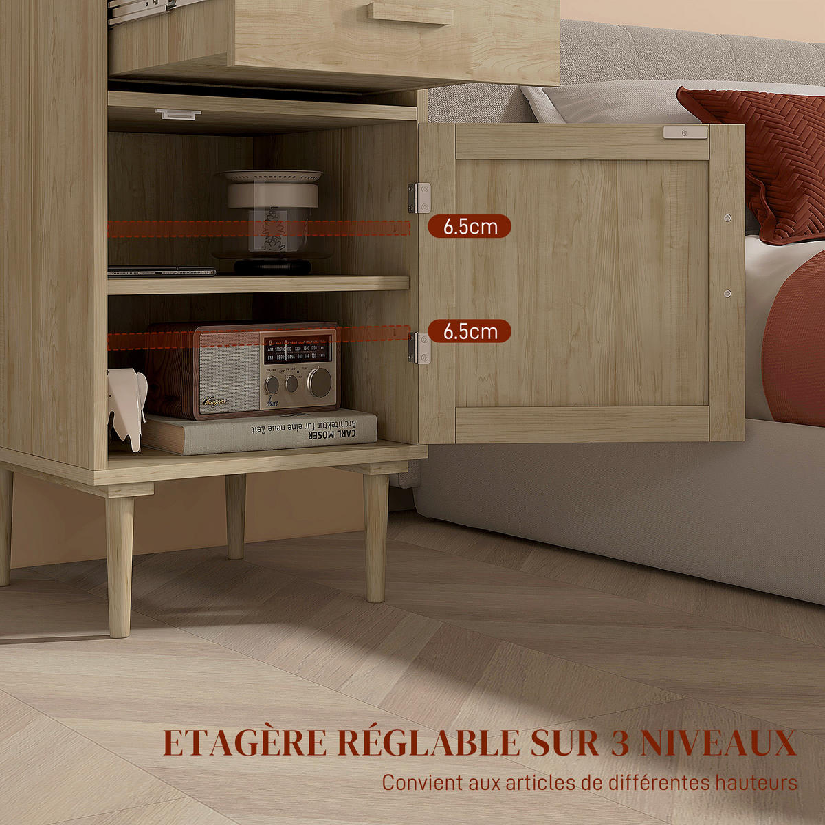 NACHTSCHRANK DE-12831 Schublade und Rattantür Natur - Naturfarben, Holzwerkstoff (40/68.5/40cm) - ComfortXL