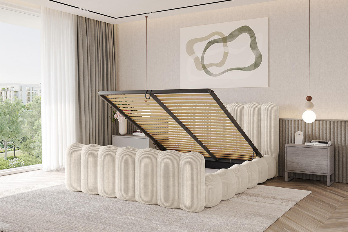 POLSTERBETT mit Bettkasten, Fußteil und Lattenrost, Boxbett ohne Matratze - SORA-Z 120x200 Beige - Creme, Holzwerkstoff/Textil (120/200cm) - ALTDECOR