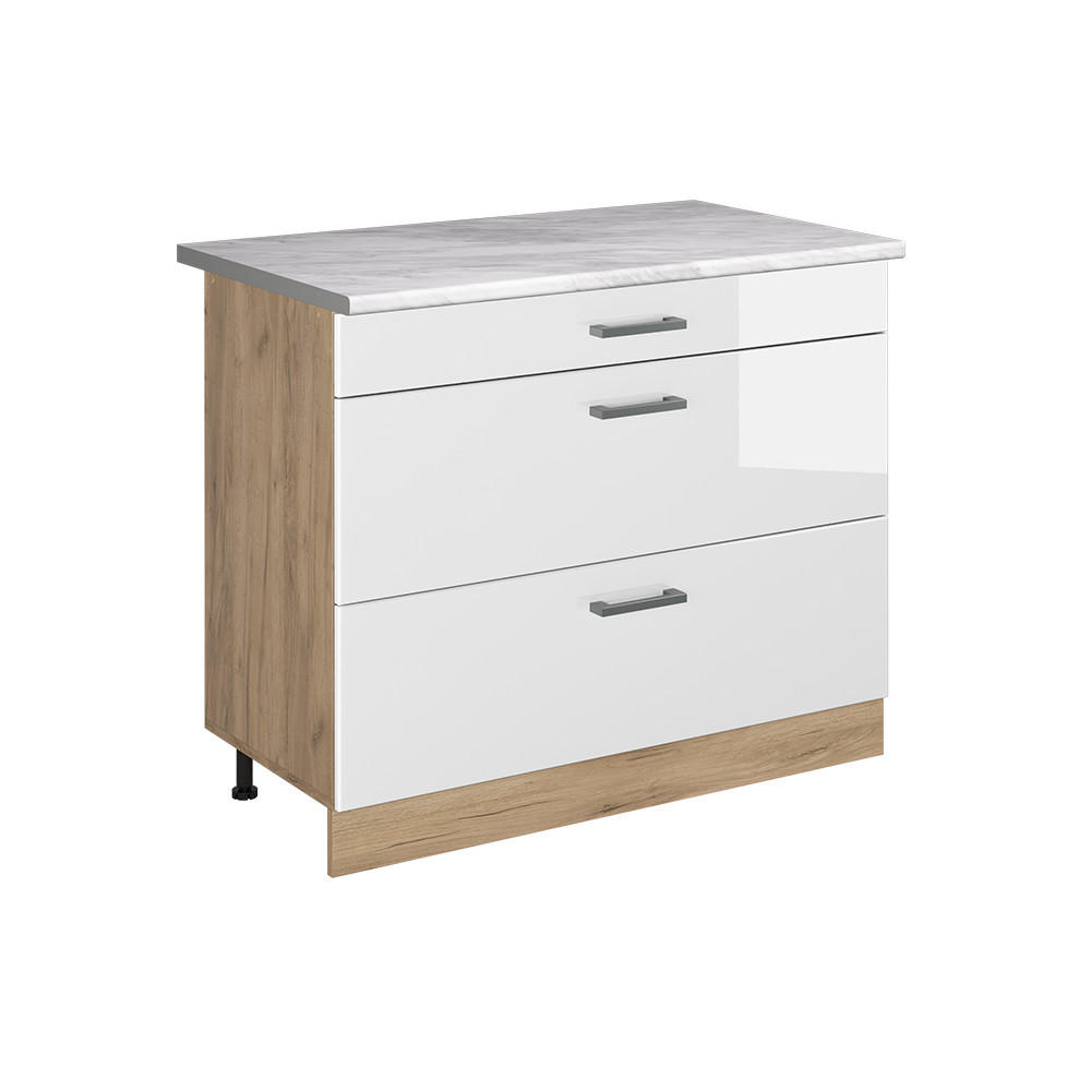 KUCHYNSKÁ SPODNÁ SKRINKA R-Line, Biely vysoký lesk/Dub Goldkraft, 100 cm Marmori työtaso - biela s vysokým leskom/farba duba, kompozitné drevo (100/81.6/60cm) - Vicco