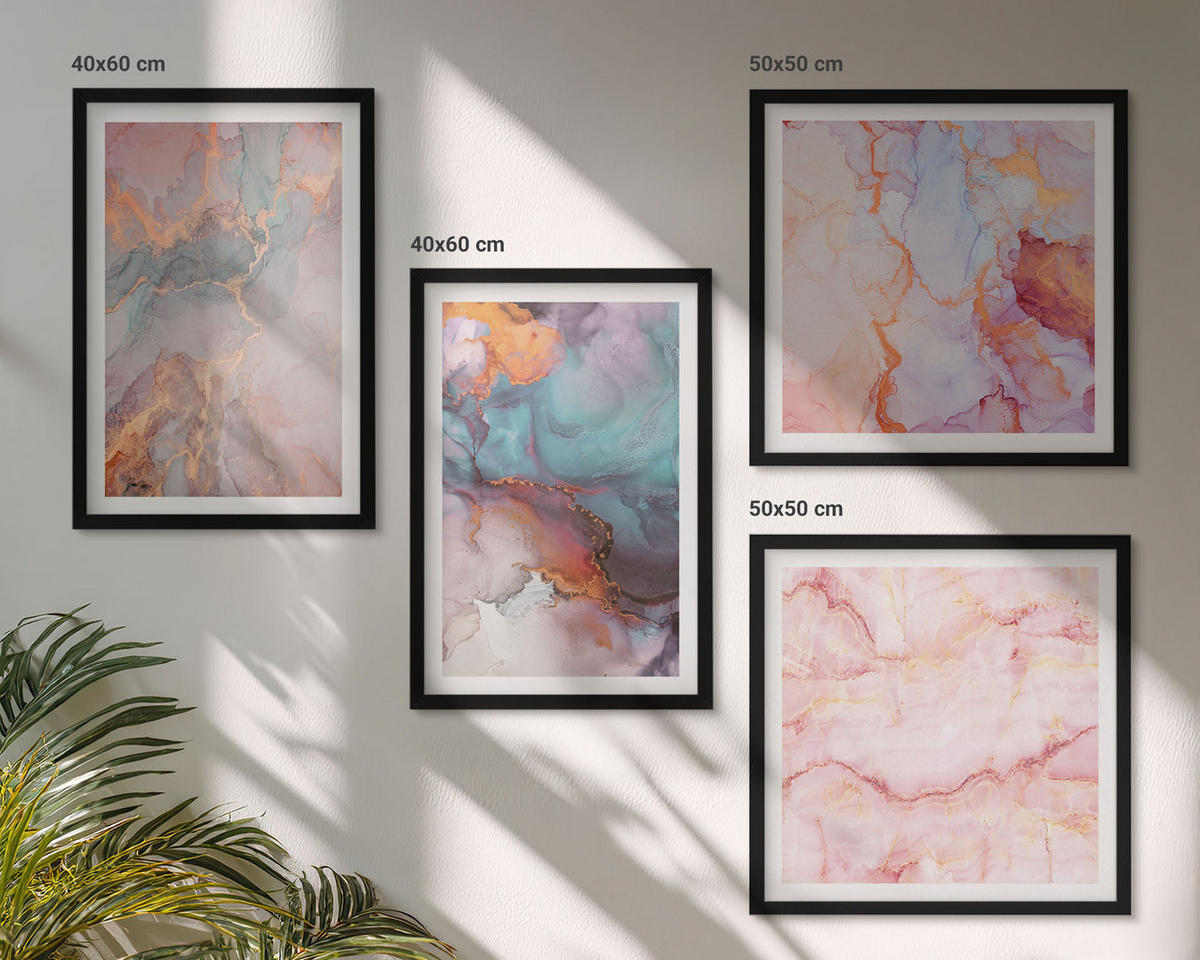 BILDER SET 4er Set - 50x50 cm & 40x60 cm Schwarzer Rahmen - Abstrakte Pastellmuster - Schwarz, Kunststoff (50/50cm) - TULUP