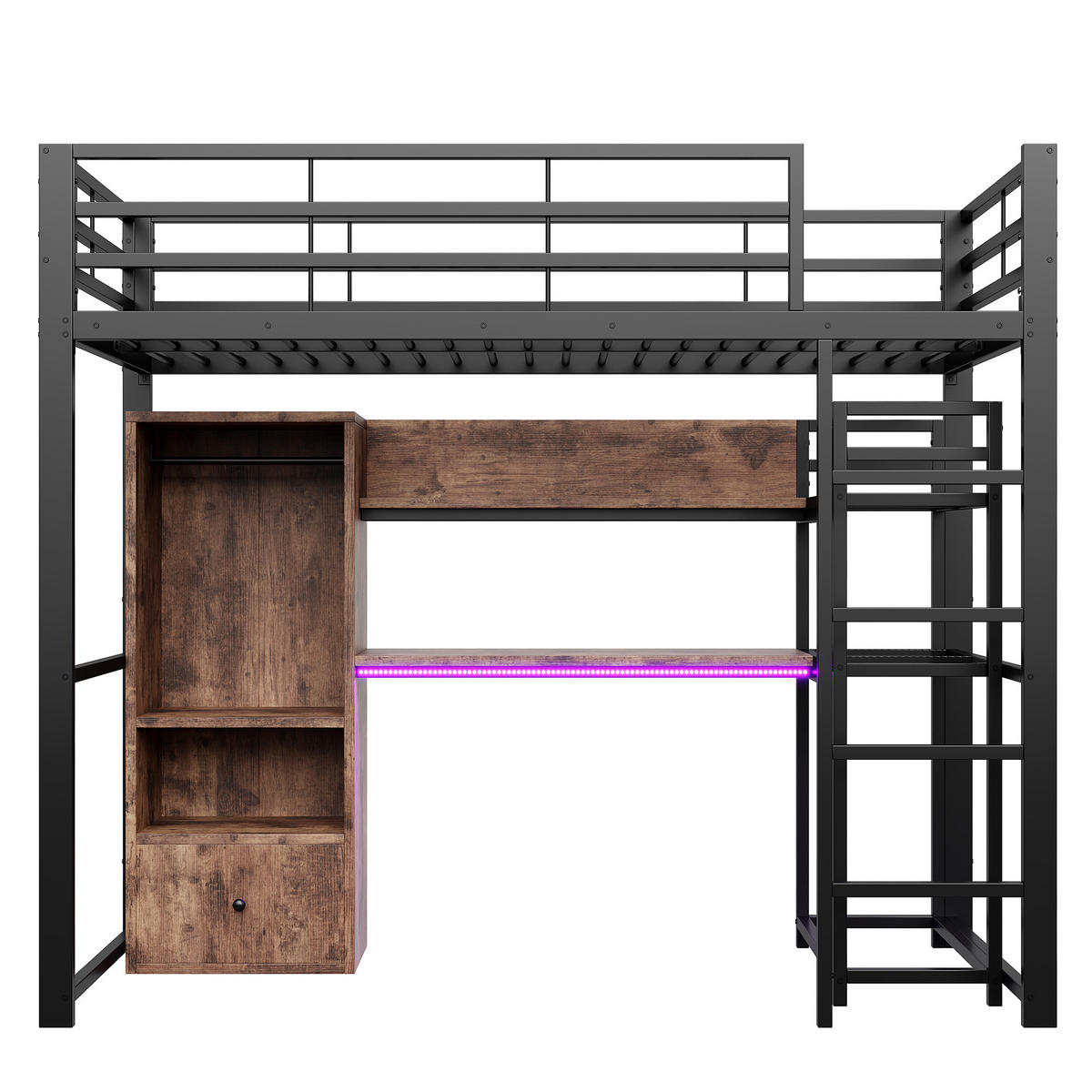 HOCHBETT 90/200 cm in Schwarz mit Schreibtisch, 1 Schublade, Regal und LED - Schwarz, Holzwerkstoff/Metall (90/200cm) - STILVORA