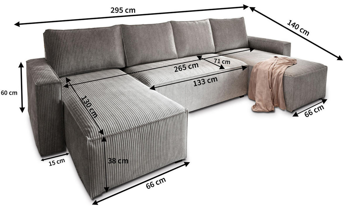 WOHNLANDSCHAFT ASPRA Creme Kordstoff mit Schlaffunktion - Creme, Holz (295/85/140cm) - MASSENO