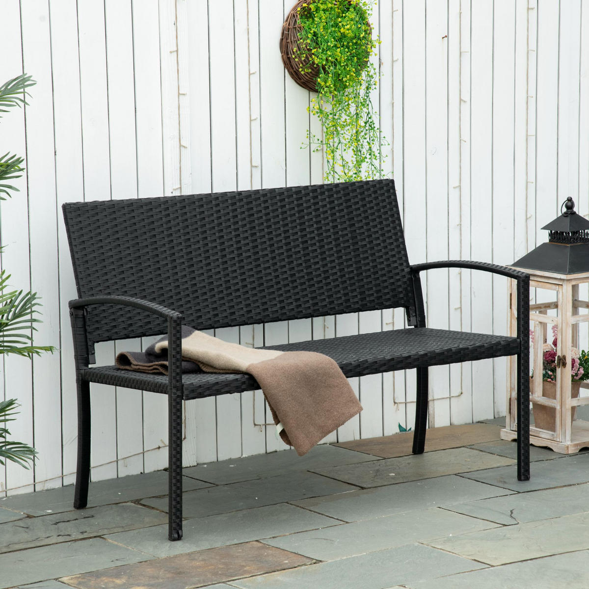 GARTENBANK 122x60x87 cm Rattan schwarz - Schwarz, Metall (122/85/60cm) - LEBENLANG