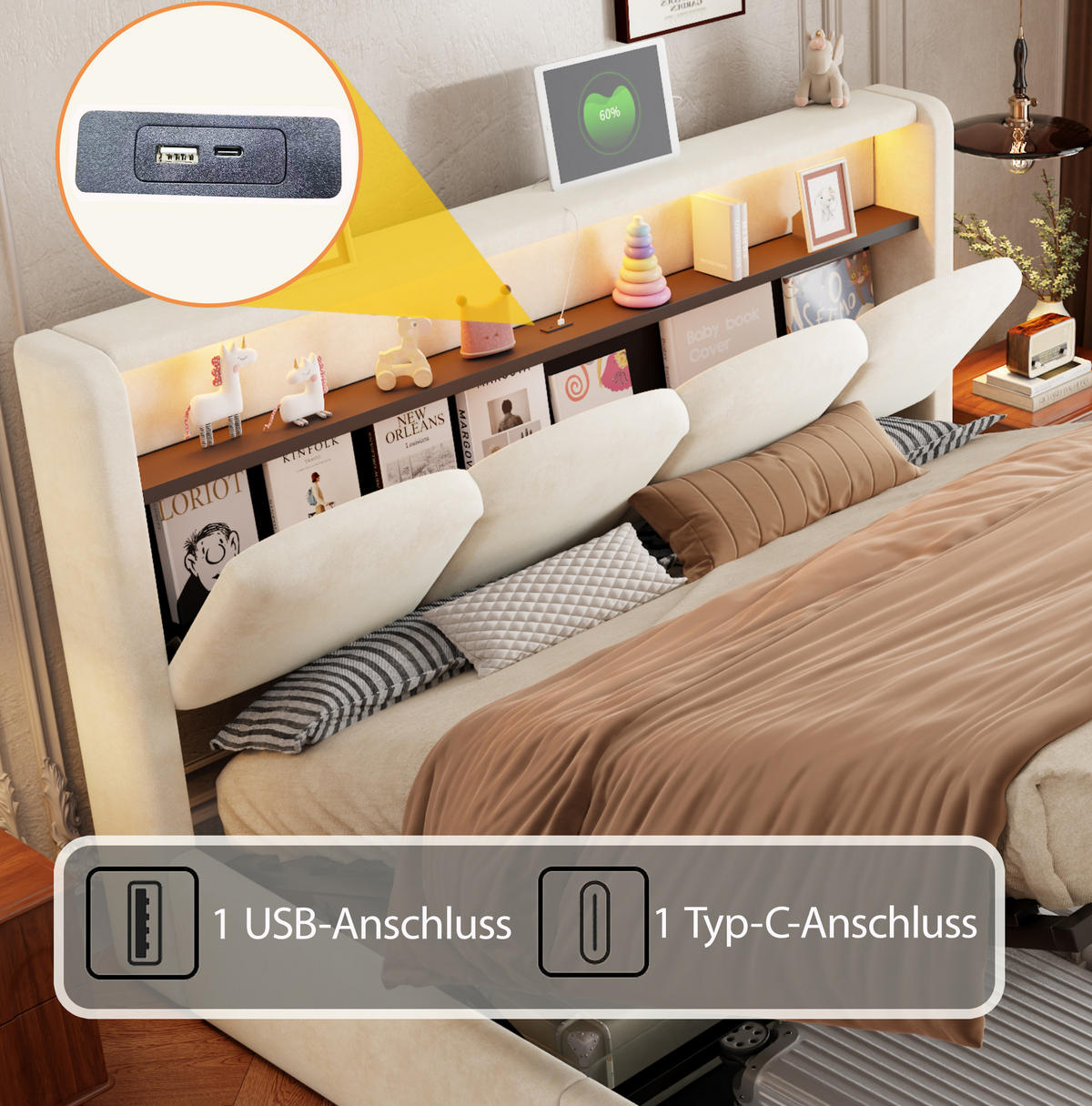 POLSTERBETT 140x200 cm in Beige mit LED, USB-/Typ-C-Anschlüssen und Stauraum - Beige, Textil (140/200cm) - IVMEU