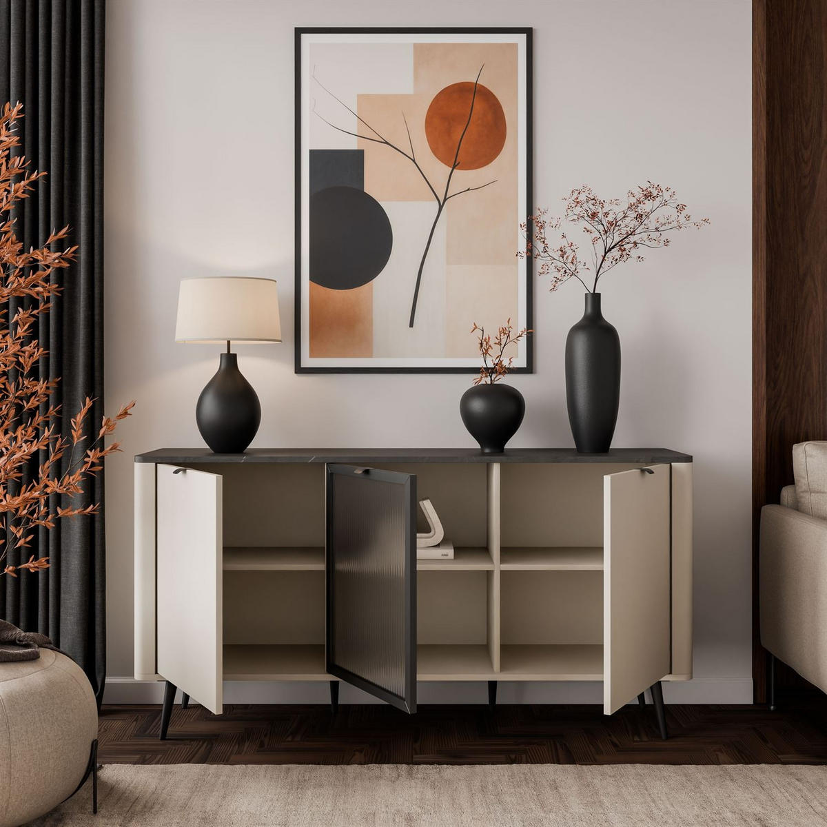 KOMMODE auf Füßen AUTUMN 2D1W mit Glasfront, Kaschmir / Grauer Stein - Beige, Holzwerkstoff (160/82/40cm) - Lookway