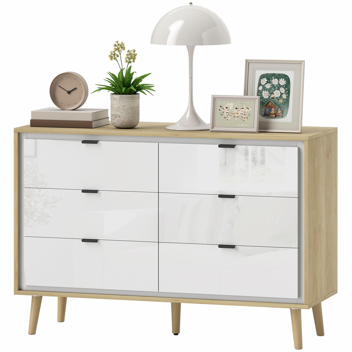KOMOODE DE-12902 6 Schubladen, Hochglanz Weiß/Eiche - Weiß, Holzwerkstoff (110/75/40cm) - ComfortXL