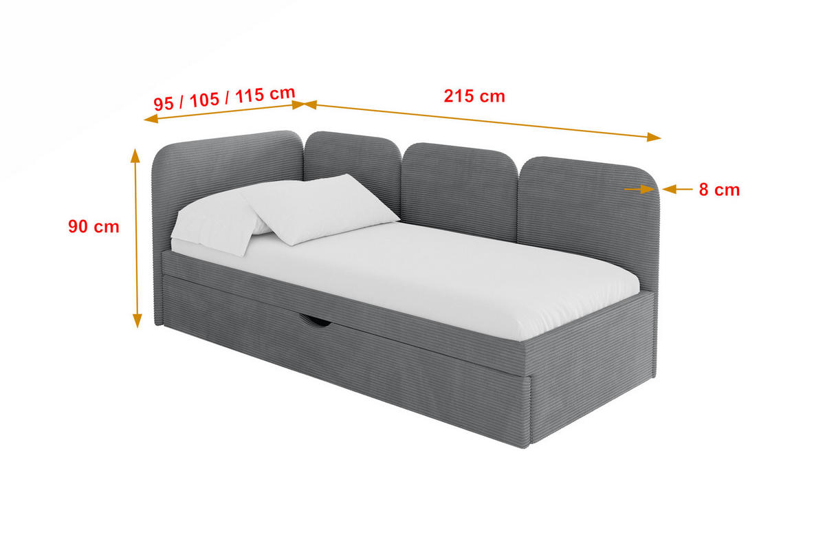 EINZELLBETT Jugendbett mit Bettkasten, Rechts - ALVY 80x200 Dunkelgrau - Schieferfarben, Holzwerkstoff/Textil (80/200cm) - ALTDECOR