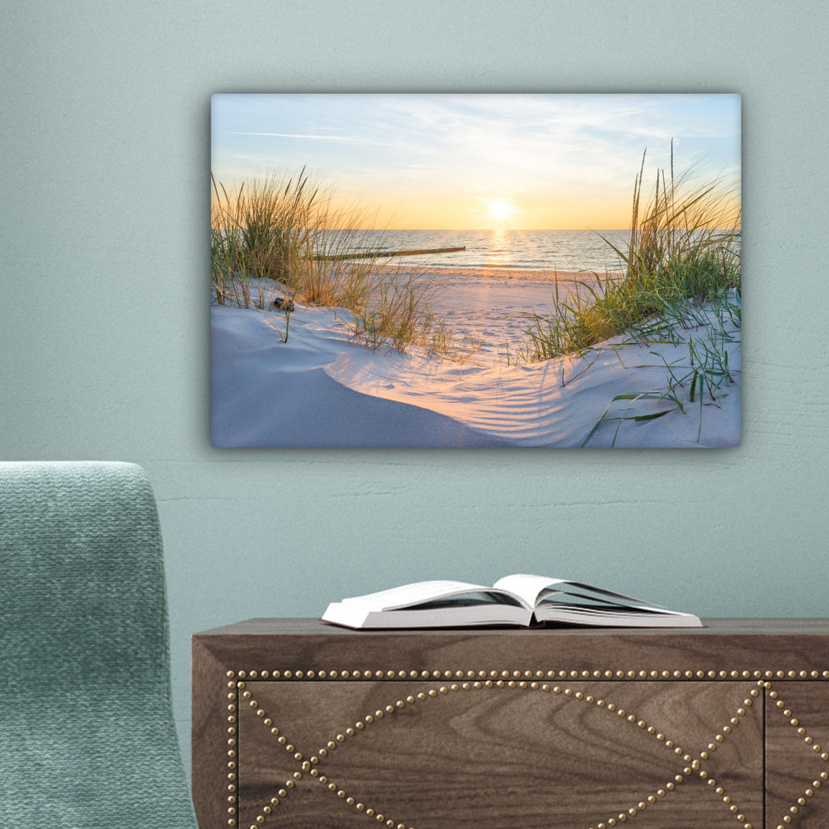 LEINWANDBILD Strand - Sonne - Düne - Gras - Sand - Horizont 30x20 cm - Hellblau, Textil (30/20cm) - MuchoWow