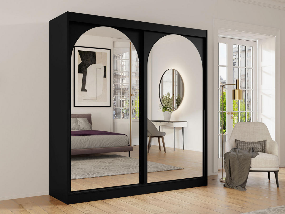 SCHIEBETÜRENSCHRANK Modin 200 - Schwarz, Holzwerkstoff/Kunststoff (200/216/65cm) - MIRJAN24