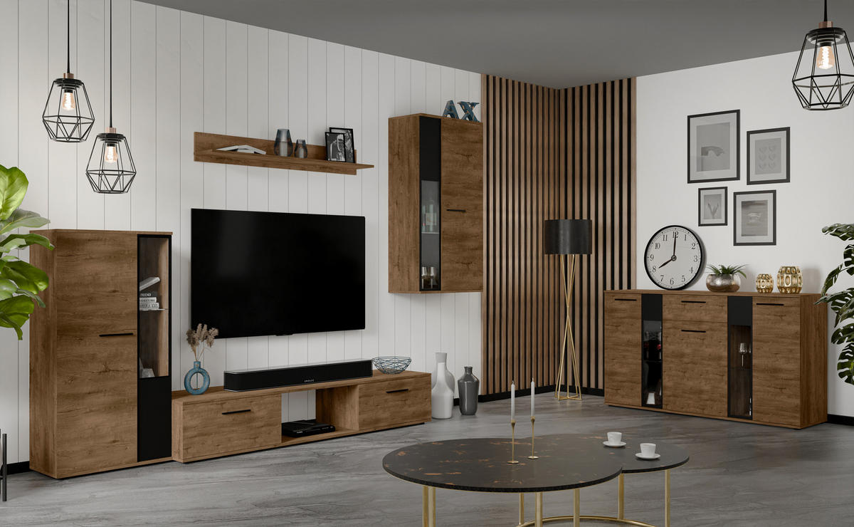 WOHNWAND Formilo Lefkas Eiche 294/180/40 cm Hochwertige TV Wohnwand - Braun, Holzwerkstoff/Kunststoff (294/180/40cm) - AX Living