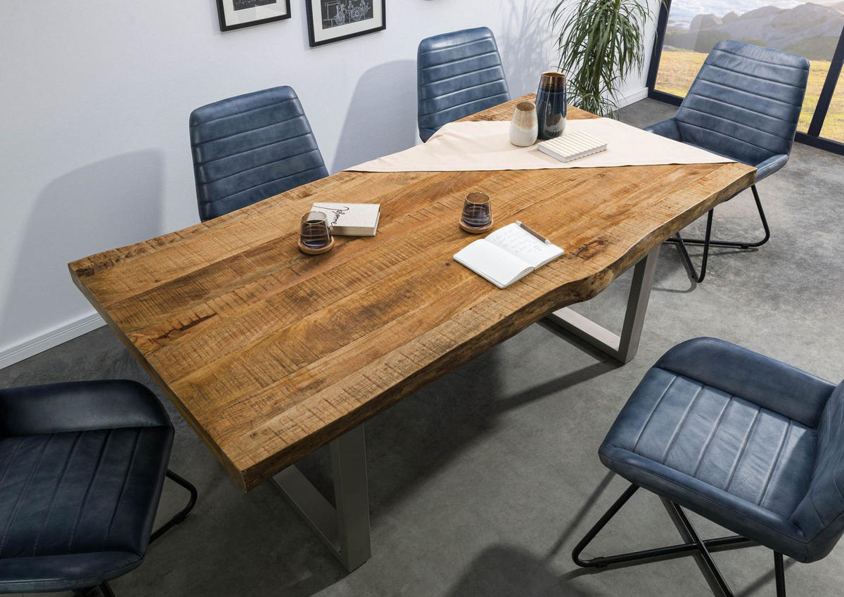 BAUMTISCH Mango 220x100x77 natur lackiert / U-Beine silber matt FREEFORM 5 - Braun, Holz (100/220/77cm) - Massivmoebel24