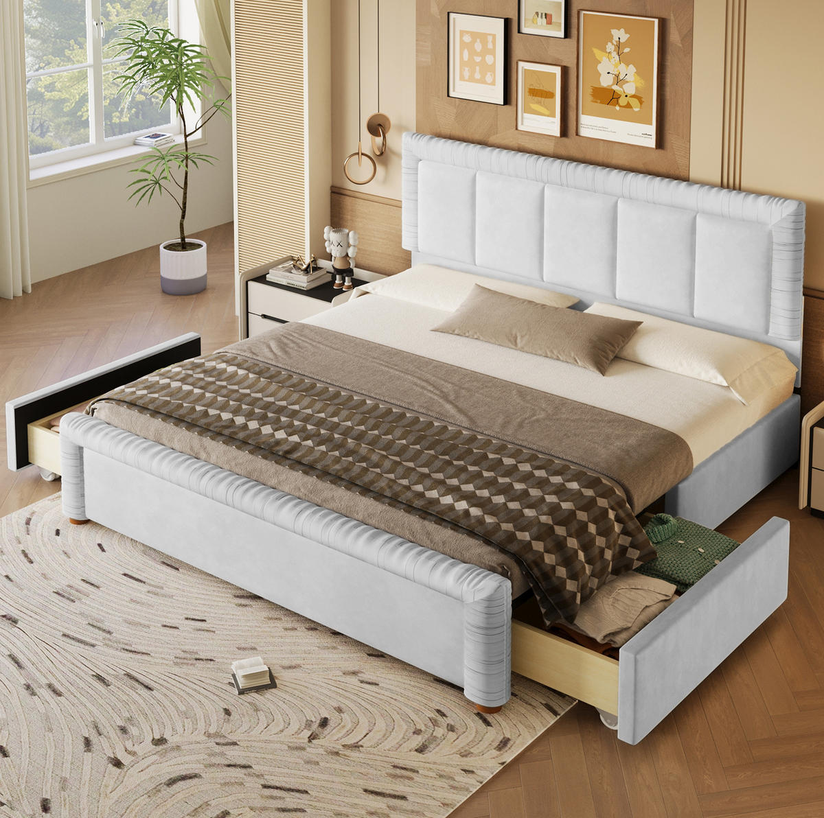 POLSTERBETT aus französischem Samt 180x200 cm Grau mit 2 Schubladen - Grau, Textil (180/200cm) - Modfu