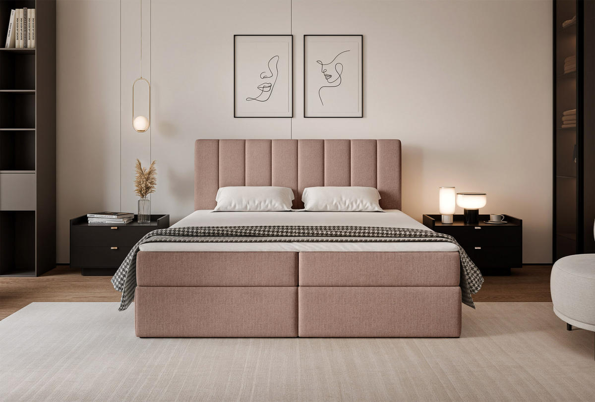 BOXBETT LEO 180/200 cm mit Matratze und Topper, Zartrosa - Hellrosa/Schwarz, Holzwerkstoff/Kunststoff (180/200cm) - Idohome