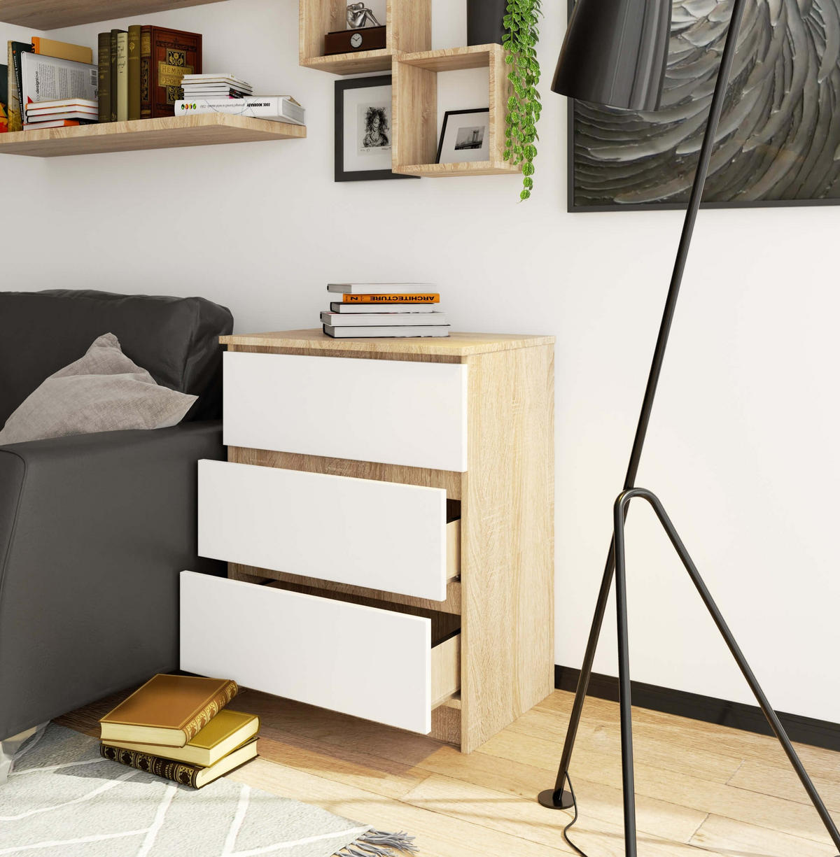 KOMMODE Eiche Sonoma, Weiß 77/60/40 - Weiß, Holzwerkstoff (60/77/40cm) - RAUMHIRSCH FURNITURE