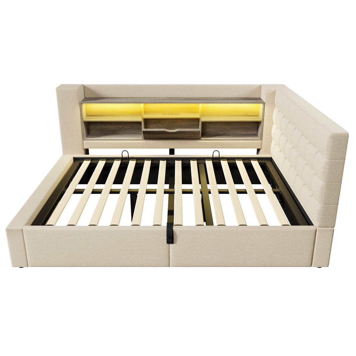 POLSTERBETT 140/190 cm Beige aus Leinen mit Stauraum Hydraulik und LED-Beleuchtung - Beige, Textil (140/190cm) - OKWISH