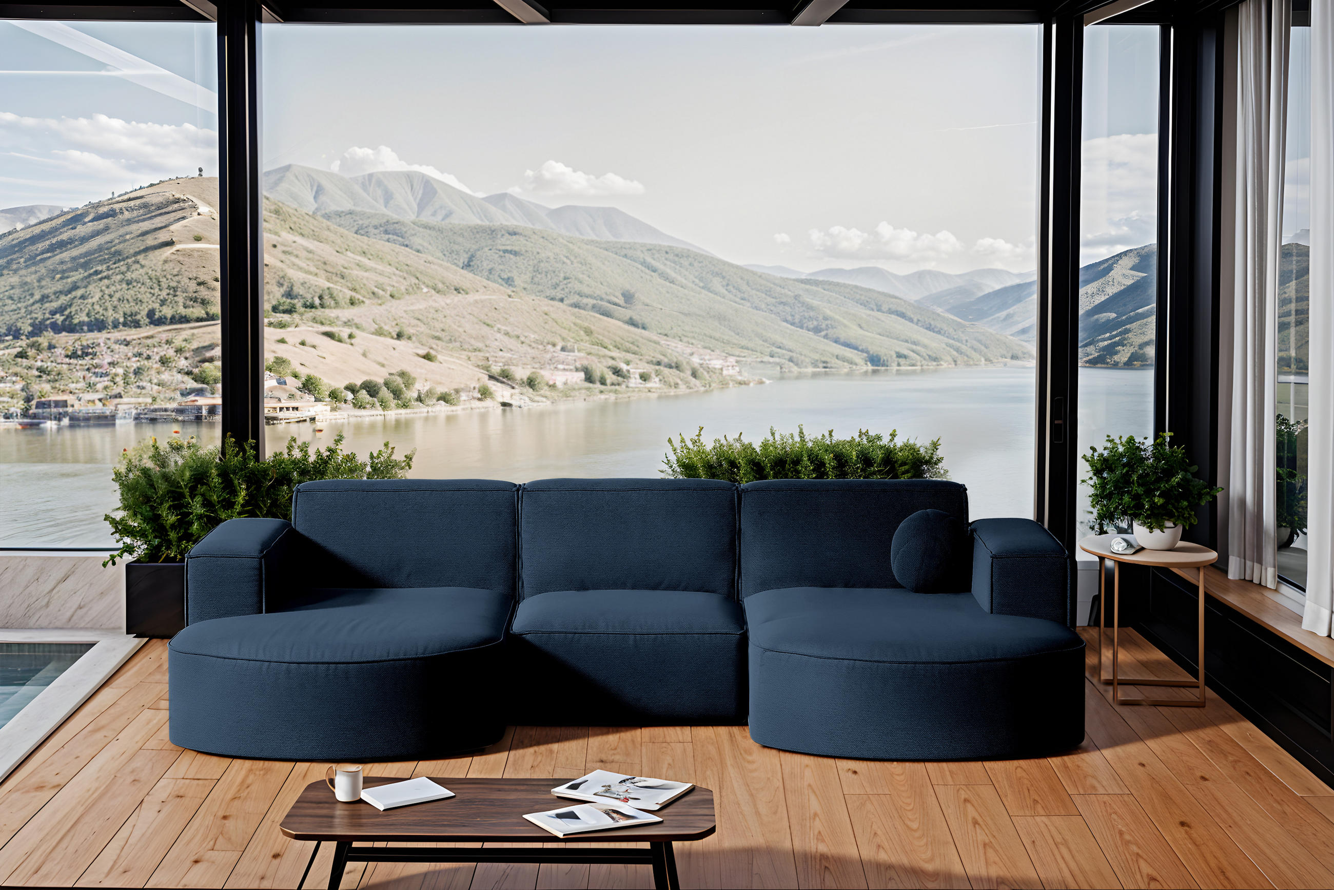 GARTENECKSOFA U-Form Garten Modena Studio Sofa-U Patio Marineblau - Blau, Holz/Textil (165/78/299cm) - Kaiser Möbel