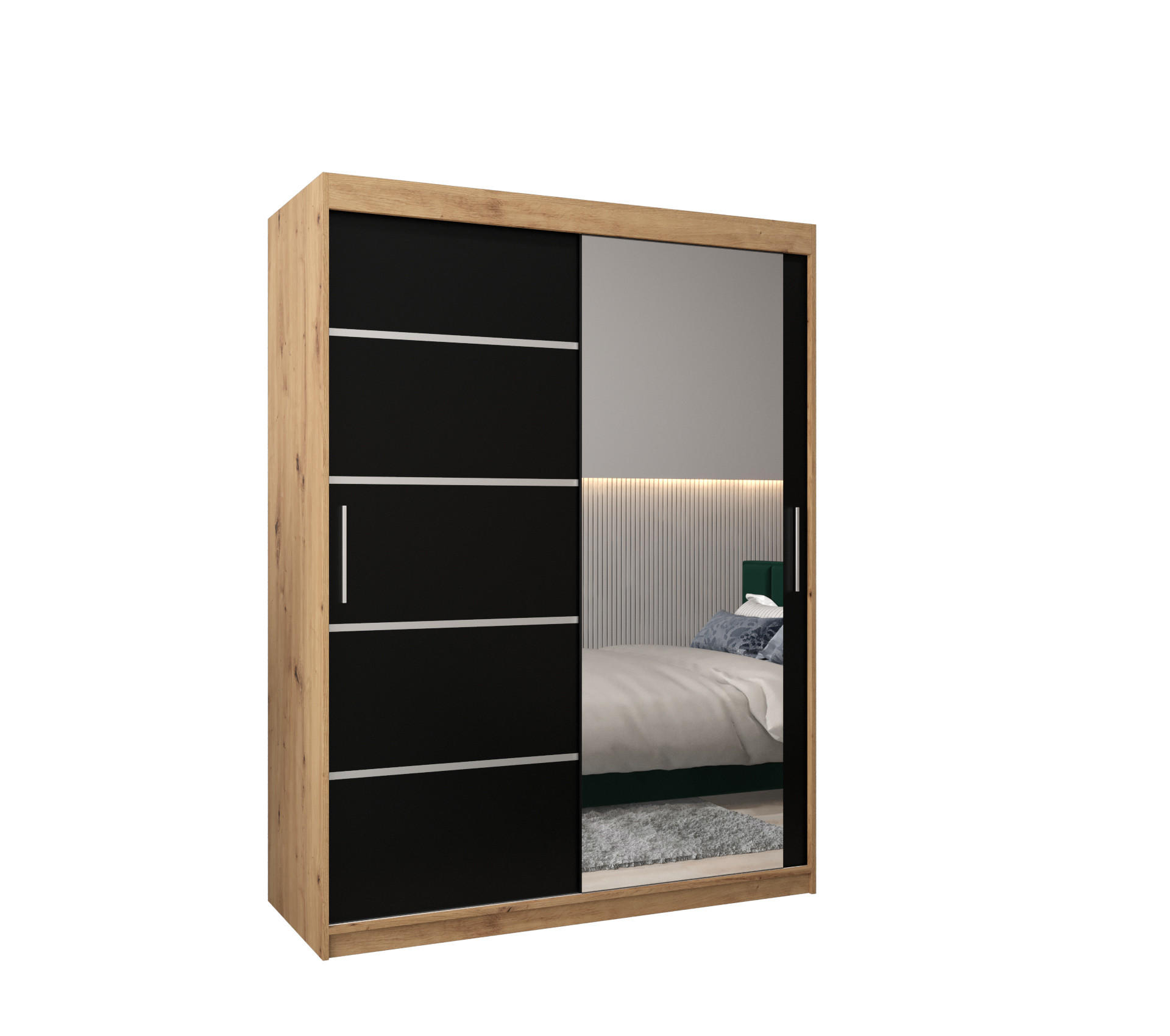 Abiks Möbel Schwebetürenschrank Eiche Artisan, Schwarz, Silber 150x200x62 cm