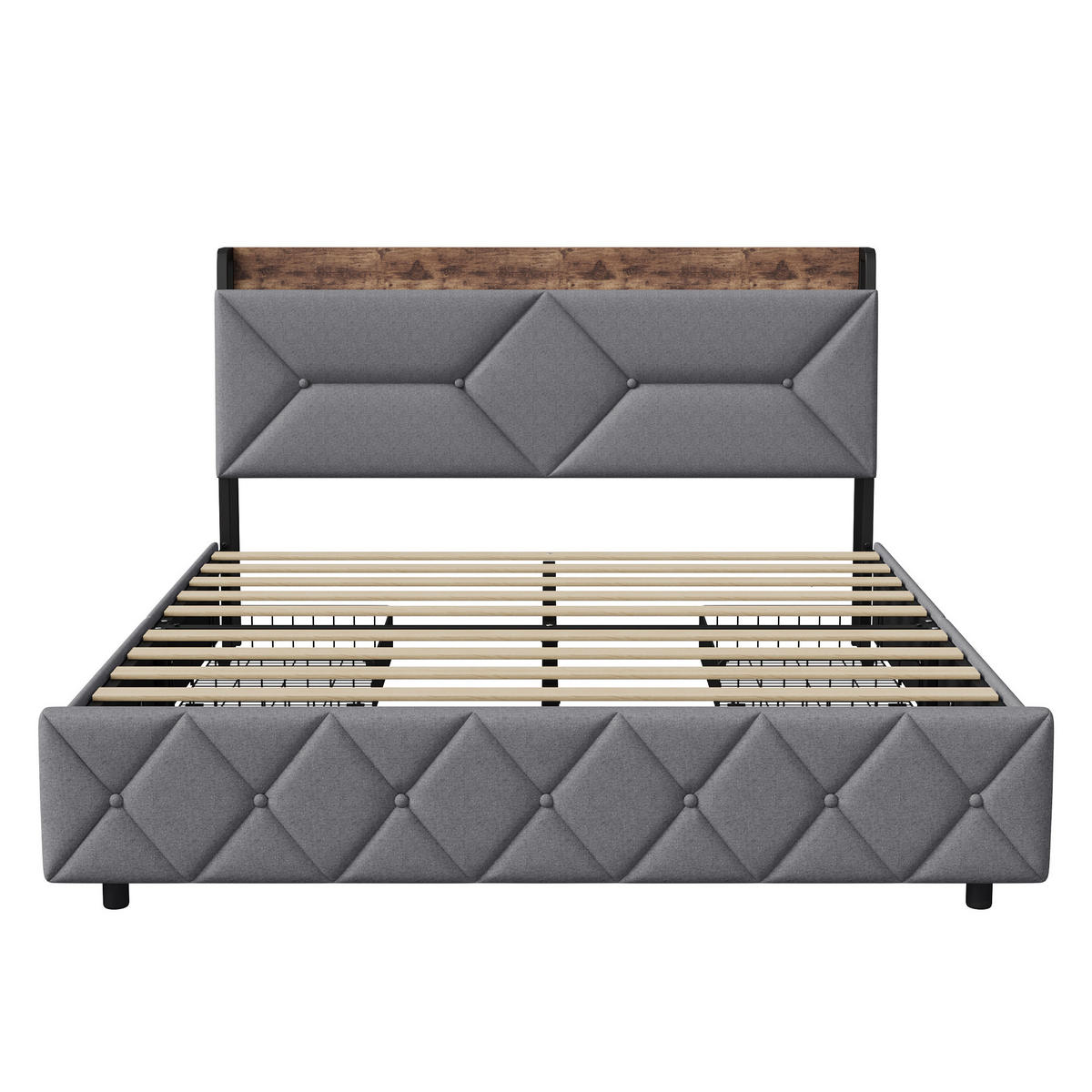 POLSTERBETT 140x200 cm Grau, ergonomische geneigte Rückenlehne, Kopfteil mit Schubladen Stauraum, Stahl-Holz Bettrahmen - Grau, Textil (140/200cm) - CASIVA