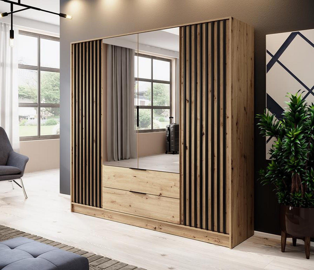 KLEIDERSCHRANK Nelly 4D, Eiche, Schwarzer Paspelierung, mit Spiegel und Schubladen - Eiche Artisan, Holzwerkstoff (206/200/51cm) - Bettso