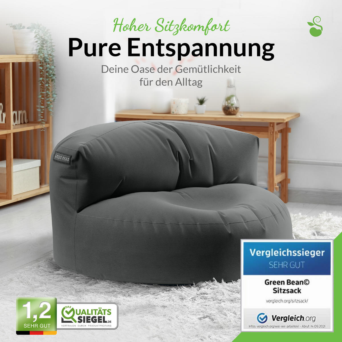 INDOOR OUTDOOR SITZSACK Lounge Sofa - Dunkelgrau, Textil (90/50/50cm) - Green Bean