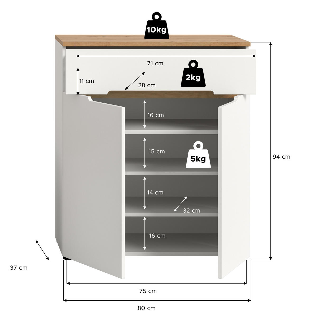 SCHUHKOMMODE Nova (B/H/T: 80x94x37 cm) in Weiß - Weiß, Holzwerkstoff (80/94/37cm) - Homes & Jones