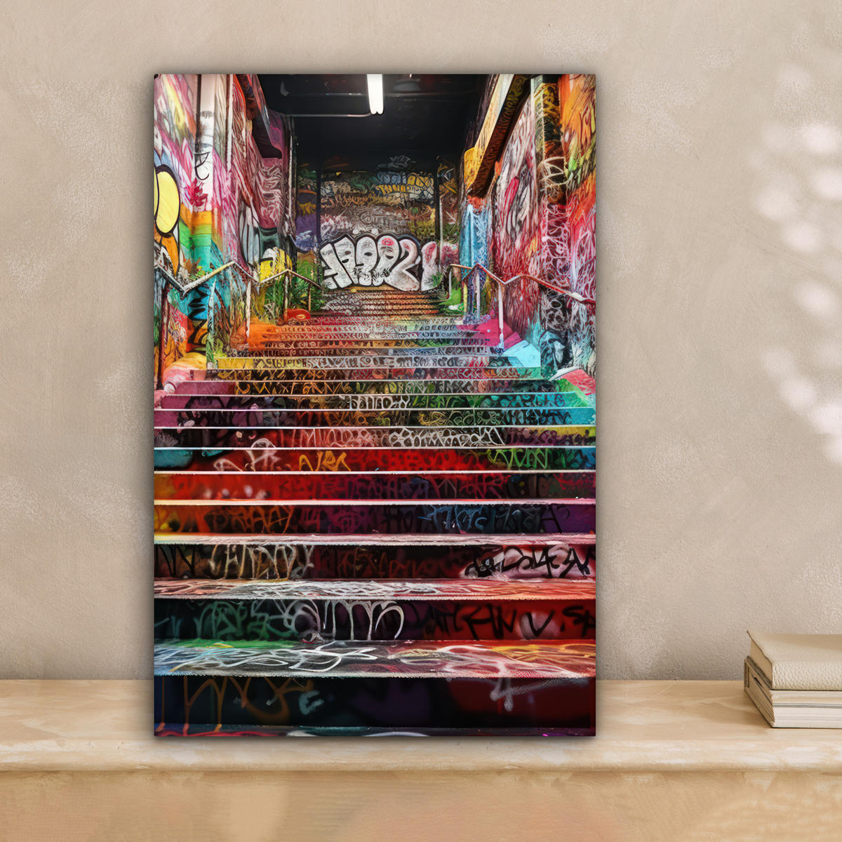 LEINWANDBILD Treppe - Graffiti - Farben - Kunst Deko Wohnzimmer 20x30 cm - Multicolor, Textil (20/30cm) - MuchoWow