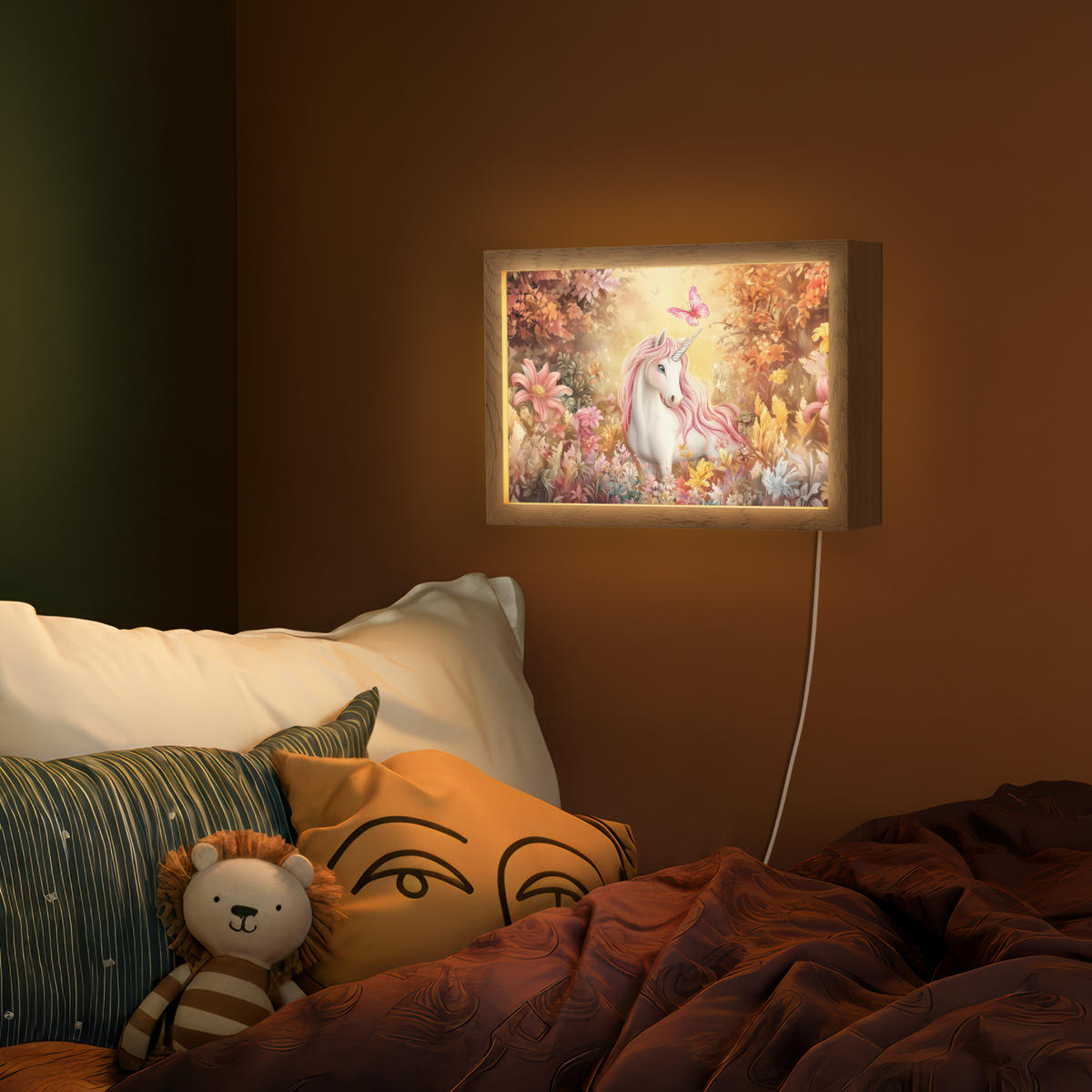NÁSTĚNNÁ LAMPA Jednorožec - Květiny - Motýl - Růžová 30x20 cm - béžová, kompozitní dřevo (30/20/8cm) - OnlyWow