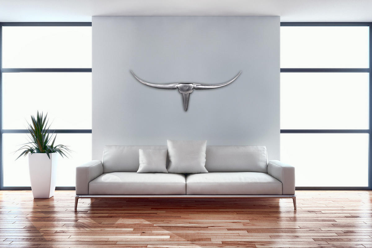 WANDDEKO Bull Geweih aus Aluminium 125 cm Breite, Silber 100x5x35 cm - Silberfarben, Metall (100/35/5cm) - KADIMA DESIGN