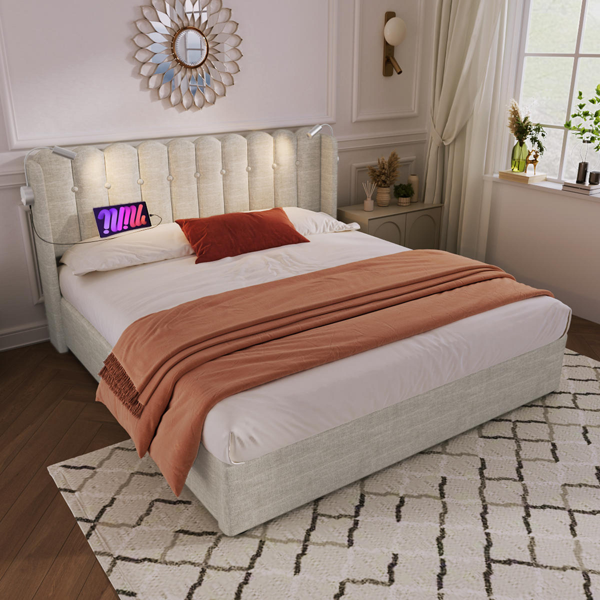 POLSTERBETT 160/200 cm mit Leselicht und Ladefunktion in Natur - Naturfarben, Textil (160/200cm) - OKWISH