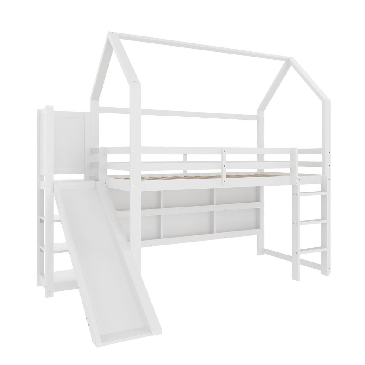 HOCHBETT aus Kiefer 90x200 cm Weiß mit LED-Leiste, Rutsche, Regalen und Hausform - Weiß, Holz (90/200cm) - Modfu