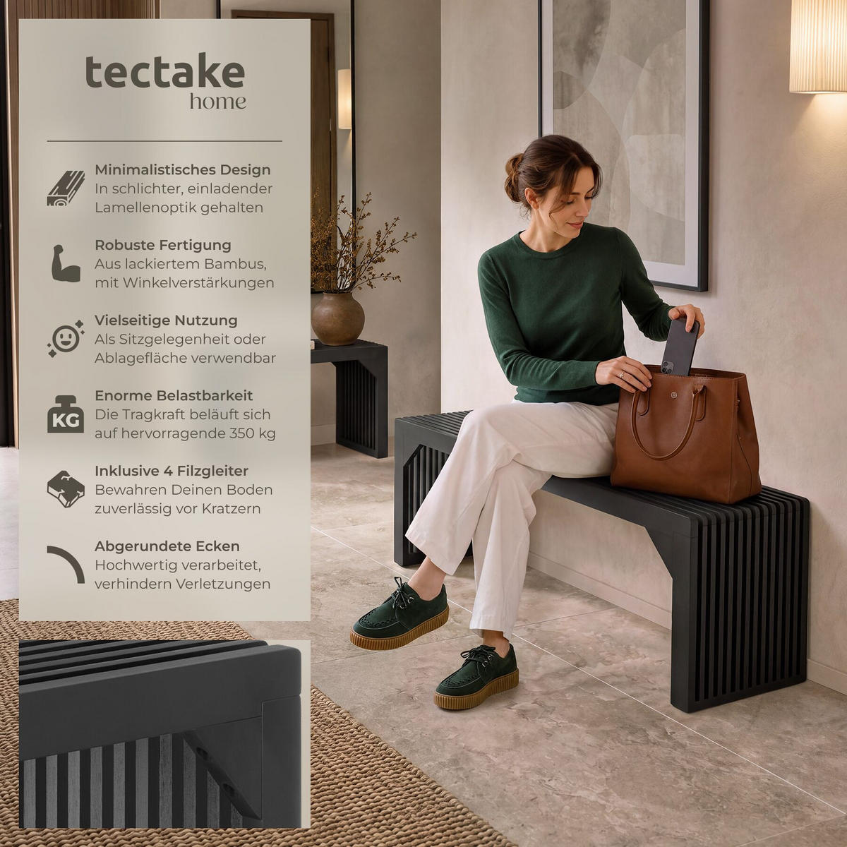 SITZBANK Ribb, Belastbarkeit 350 kg, schwarz - Schwarz, Holz (104/43/35cm) - tectake