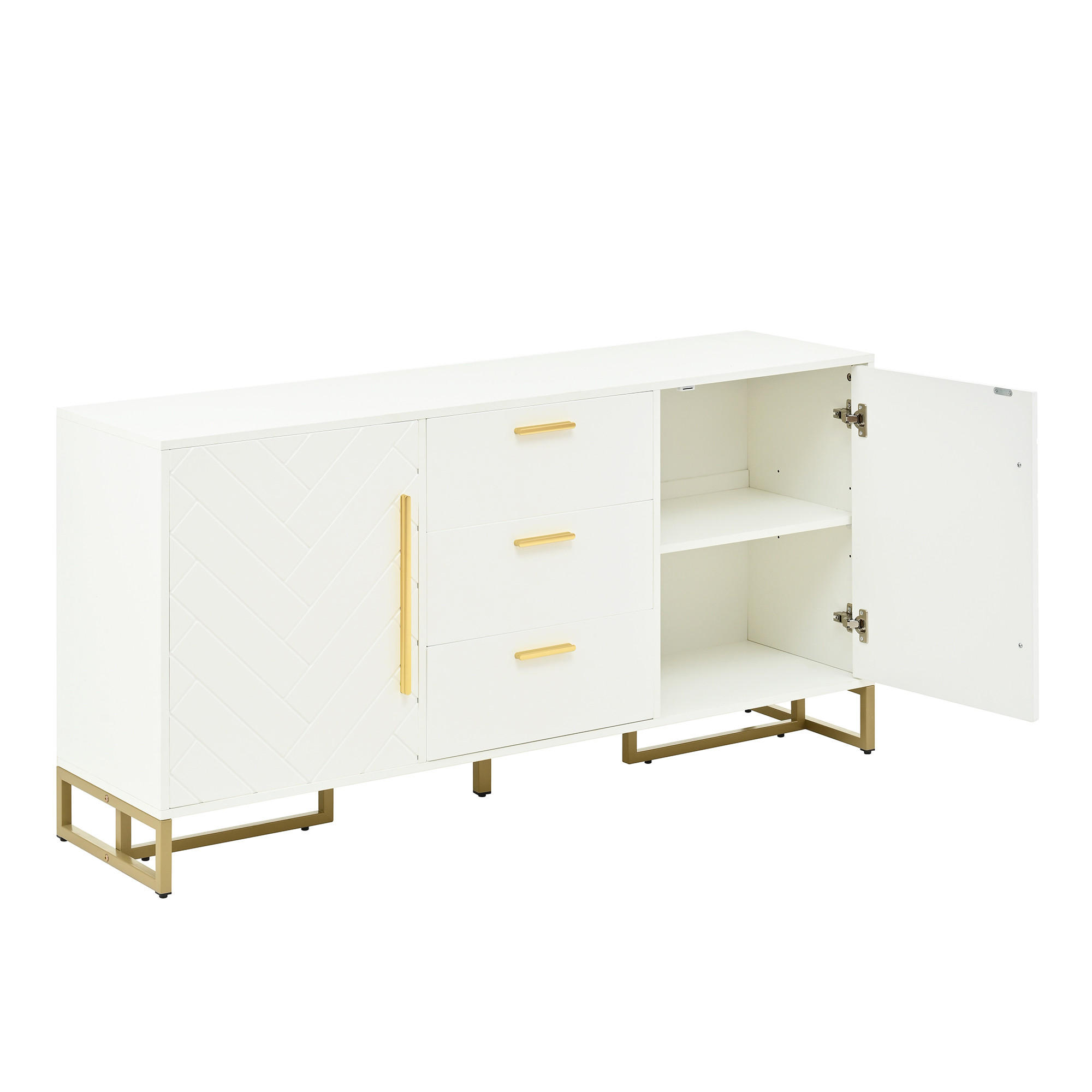 SIDEBOARD mit Fischgrätenmuster, 2 Türen und 3 Schubladen, Weiß - Weiß, Holzwerkstoff (145/75/40cm)