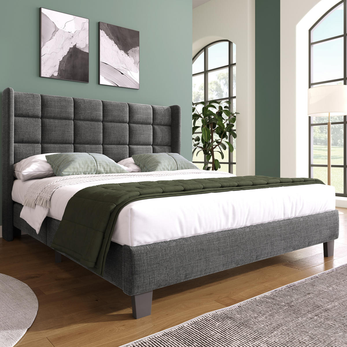 TAPECIRANI krevet 140/200 cm sivi od lana s uzglavljem i podnicom - siva, tekstil (140/200cm) - OKWISH