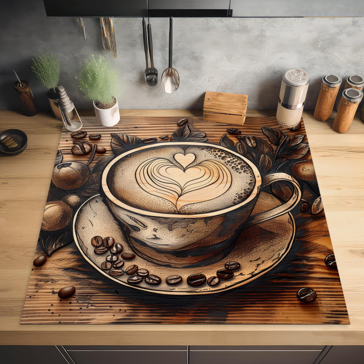 HERABDECKPLATTE - Kaffee - Vintage - Braun - Tasse - Holz - 58x59 - Cappuccino, Kunststoff (58/59/0.2cm) - MuchoWow