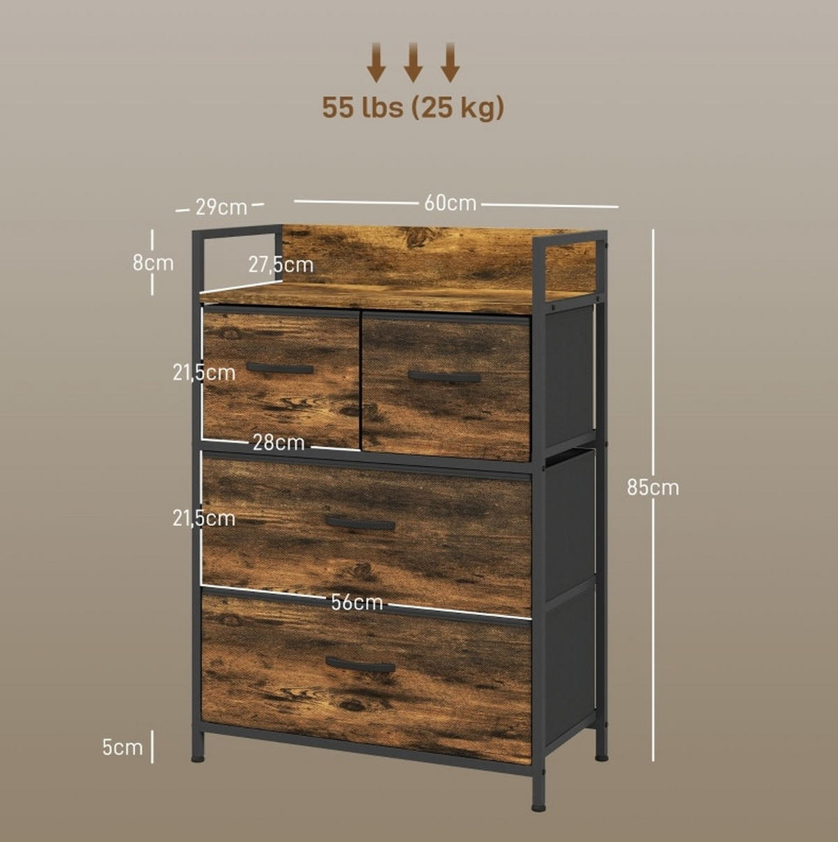 KOMMODE 60/29/85 cm aus Polyester und Stahl mit 4 Stoffschubladen Braun/Schwarz - Braun, Holzwerkstoff (60/85/29cm) - Modenvie