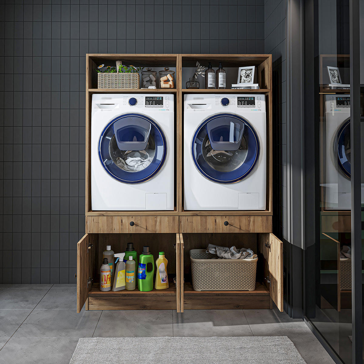 WASCHMASCHINENSCHRANK Serie 1 134cm Breit, 184cm Hoch - Schwarz, Holzwerkstoff (134/184/67cm)