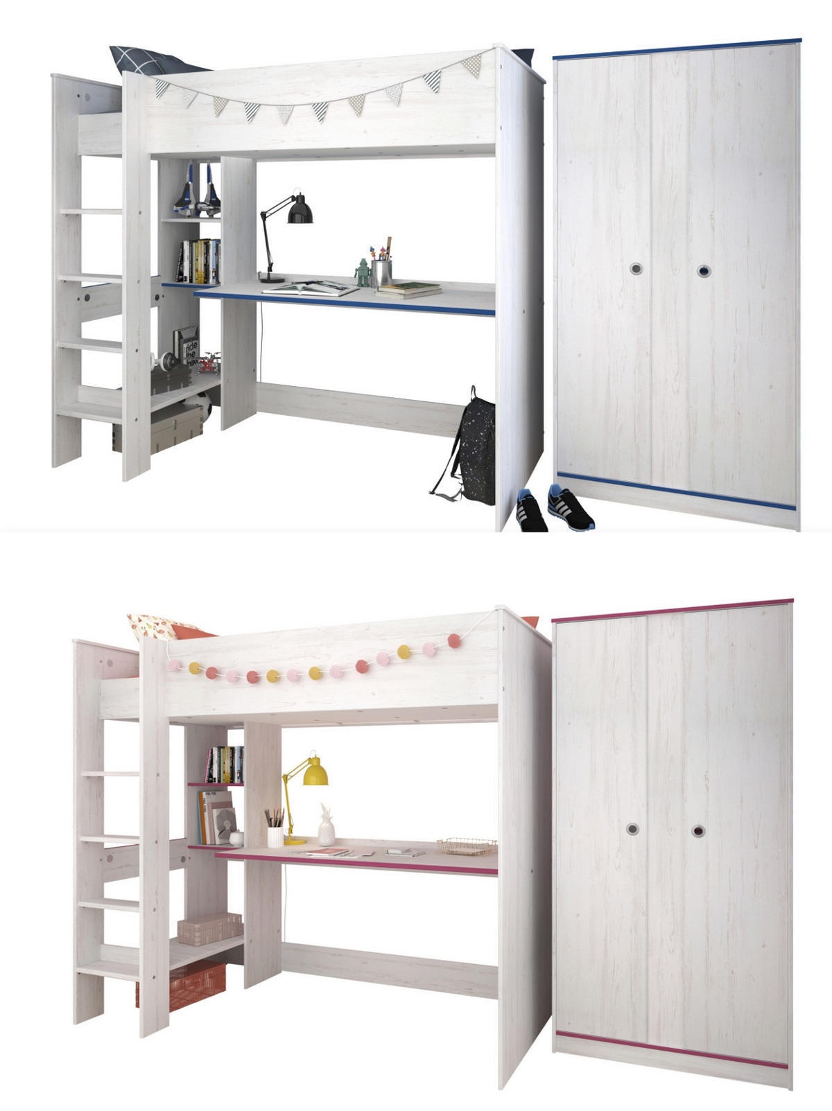 JUGENDZIMMER Set Hochbett 90x200 Schreibtisch Kleiderschrank - Blau/Weiß, Holz/Holzwerkstoff (206/182/108cm) - Parisot Meuble