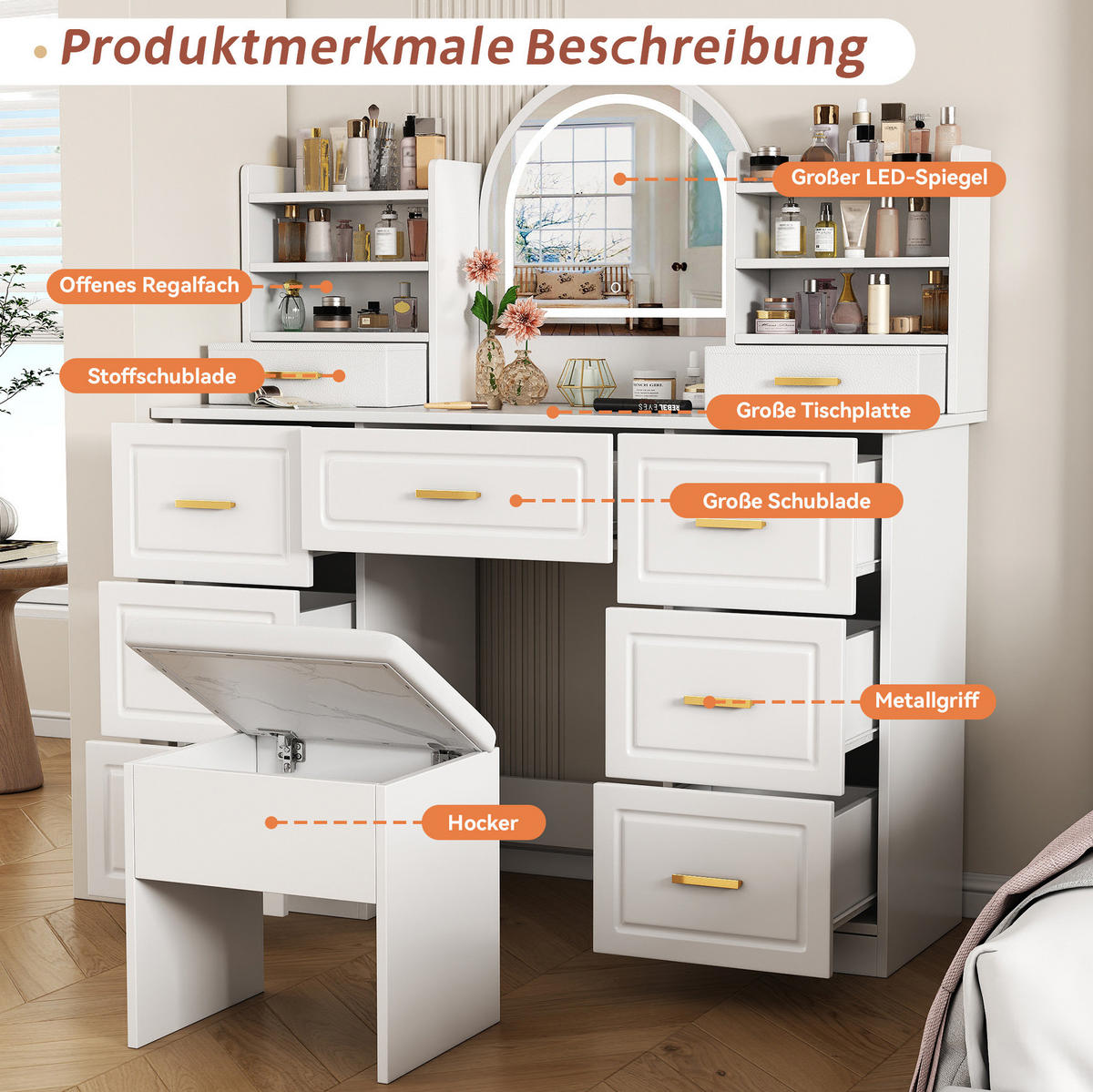SCHMINKTISCH aus Spanplatte 120x40x135 cm Weiß mit LED-Spiegel, 9 Schubladen und viel Stauraum - Weiß, Holzwerkstoff (120/135/40cm) - Modfu