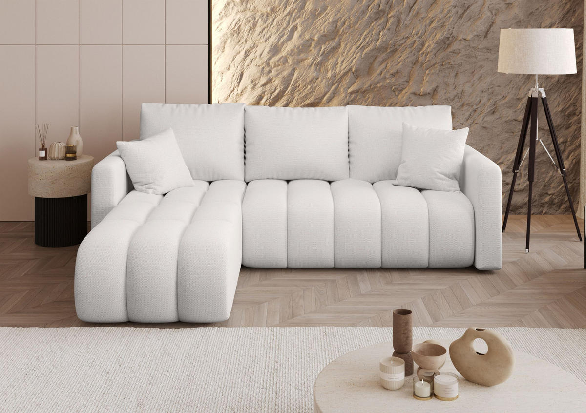 ROHOVÁ pohovka GARDA levá bílá pletená tkanina Aragon 1 - funkce spaní, úložný prostor - bílá, textil (230/150cm) - Cornero