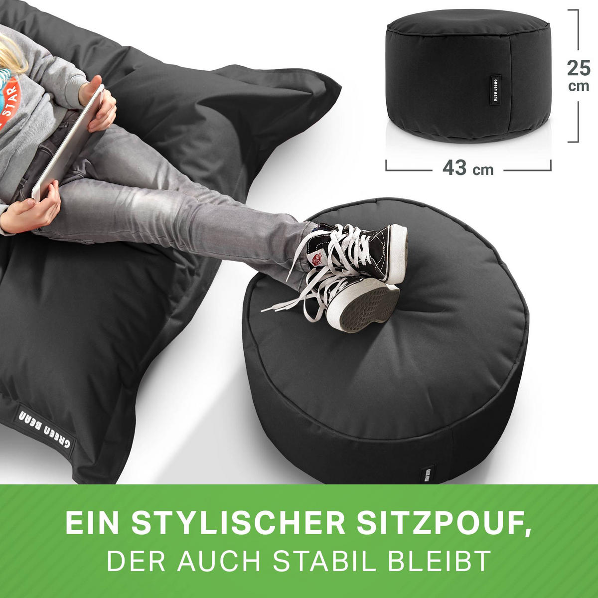 SITZSACK-HOCKER Pouf "Stay" 45x25cm - Schwarz, Textil (45/25/45cm) - Green Bean