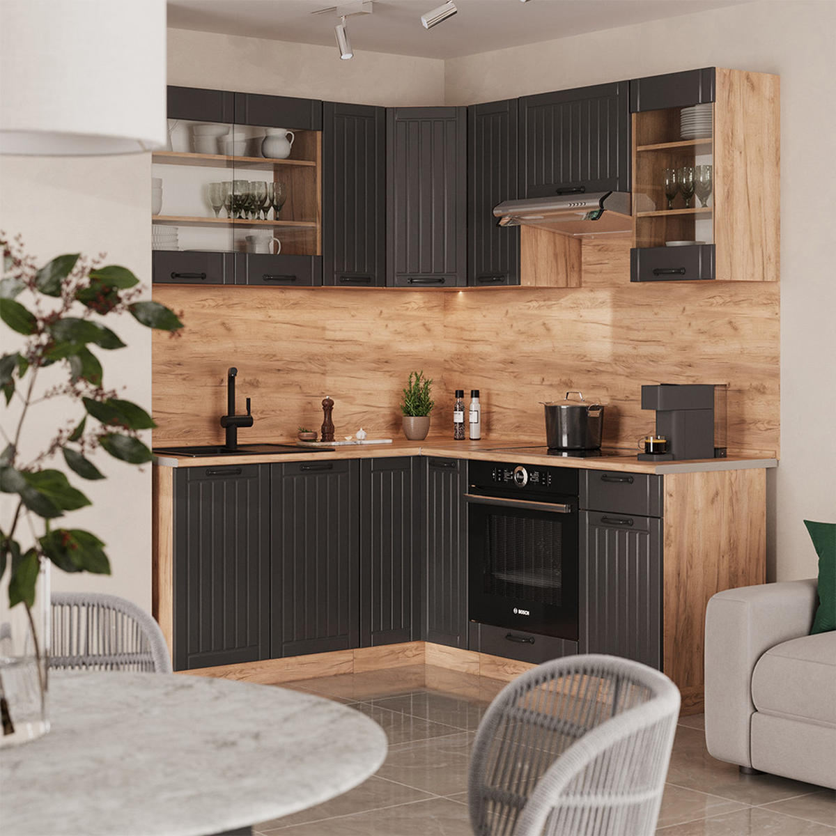 ROHOVÁ KUCHYŇ Fame-Line Tmavě šedá - medově dubová/tmavě šedá, kompozitní dřevo (190/81.6/46cm) - Vicco
