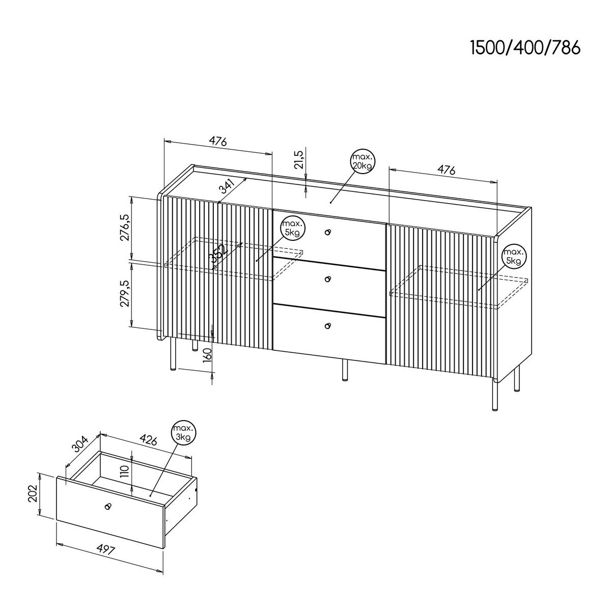 KOMMODE Piano mit 2 Türen und 3 Schubladen, Mattschwarz + Warmia-Nussbaum - Dunkelbraun/Schwarz, Holzwerkstoff (150/79/40cm) - Beautysofa