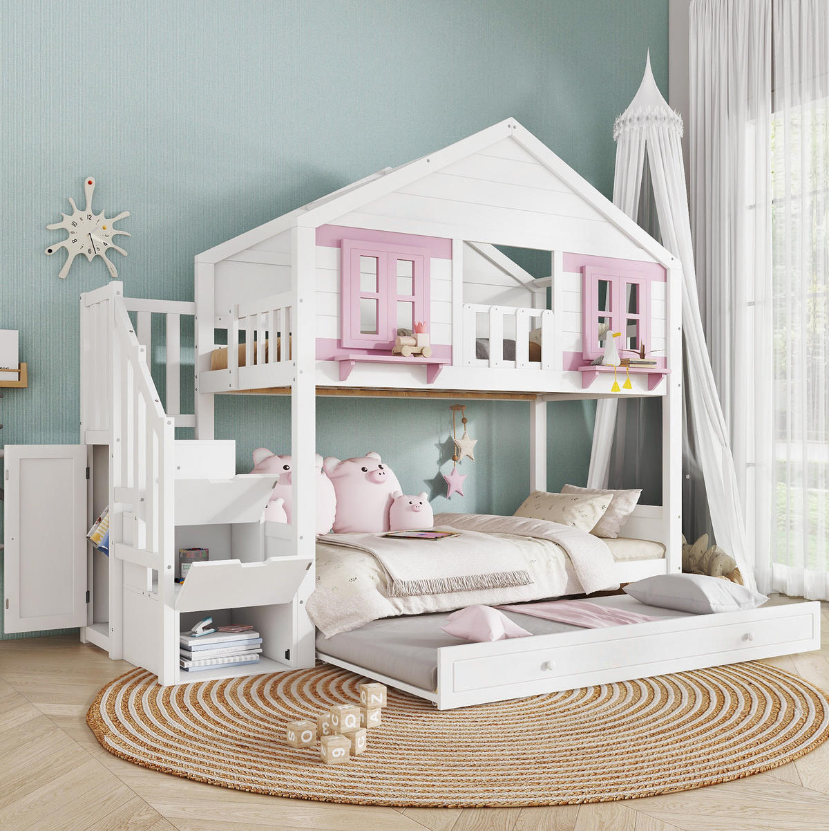 ETAGENBETT aus Kiefer und MDF 90x200 cm Weiß+Rosa mit Rollbett, Treppenaufbewahrung und Kleiderbereich - Weiß, Holz (90/200cm) - Modfu