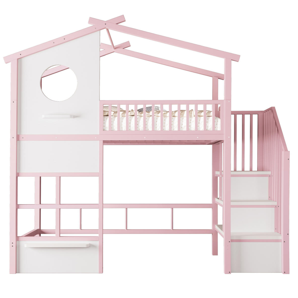 HOCHBETT aus Metall 90x200 cm Weiß/Rosa mit Stauraumtreppe, LED-Lichtband und Hausdesign - Weiß, Metall (90/200cm) - Modfu