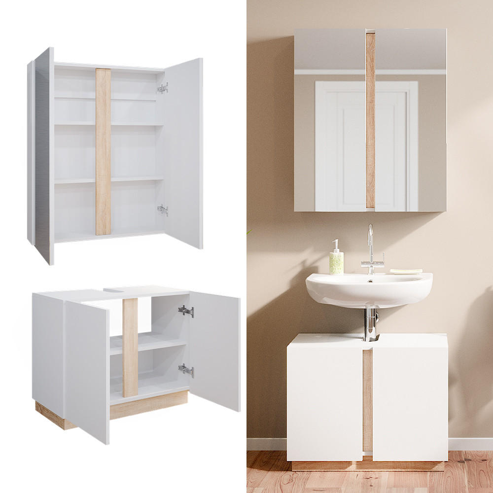 BADMÖBEL-SET Gloria Weiß 2 Teile - Weiß/Sonoma Eiche, Holzwerkstoff (70/55/34cm) - Vicco