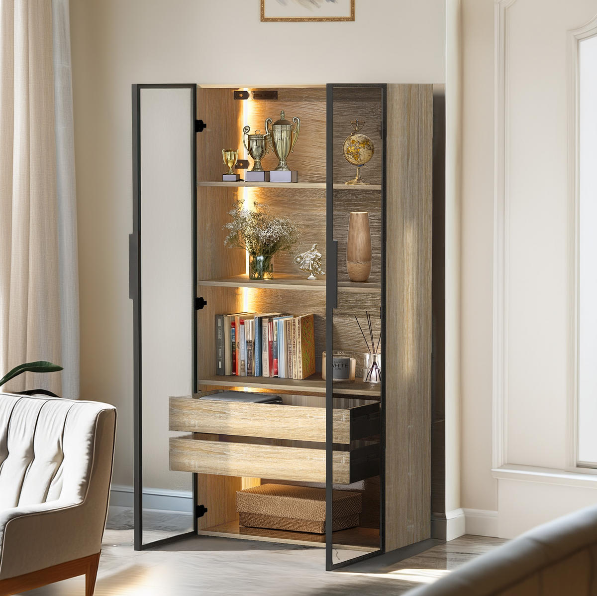SCHRANK mit LED-Beleuchtung 73 cm MDF Natural - Naturfarben, Holzwerkstoff (36/155/74cm) - Beauniv