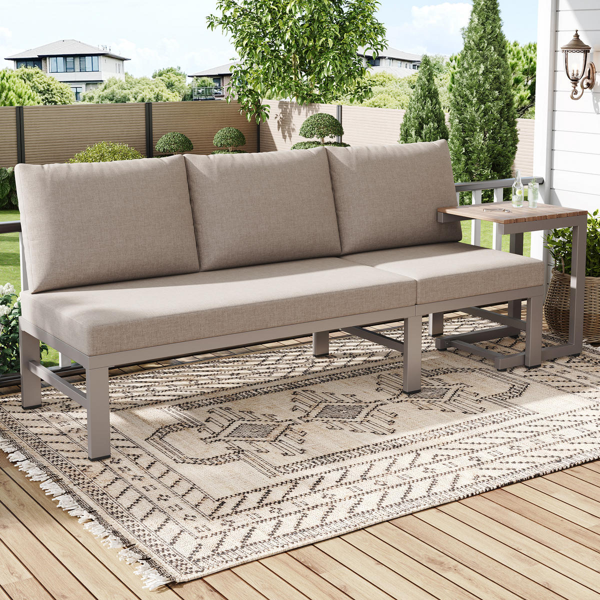 GARTENMÖBEL-SET 3-Sitzer Sofa Verstellbar Tisch Stahl Khaki - Hellbraun, Textil - FLIEKS